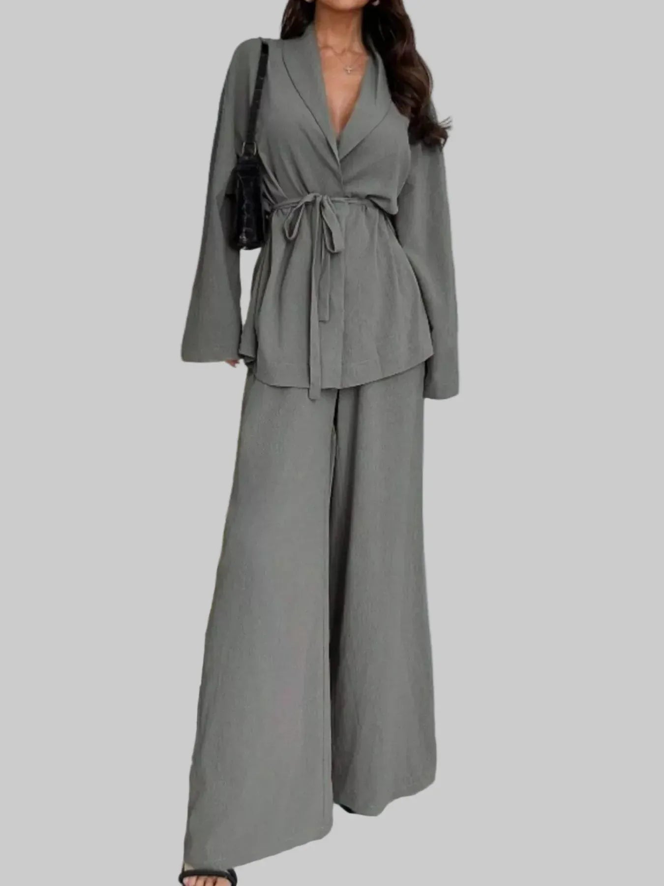 Front Tied Shirt and Wide-Leg Pants Set Women's Sets Gray / S The Nichole Collection
