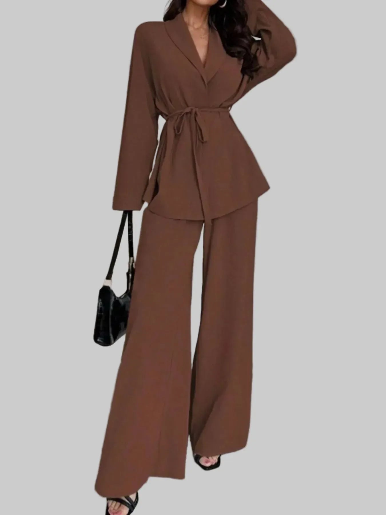 Front Tied Shirt and Wide-Leg Pants Set Women's Sets Dark Brown / S The Nichole Collection