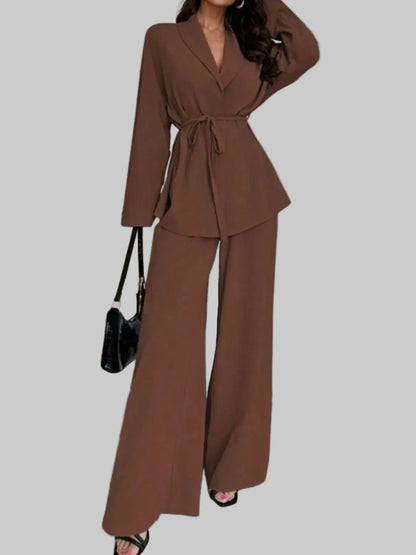 Front Tied Shirt and Wide-Leg Pants Set Women's Sets Dark Brown / S The Nichole Collection