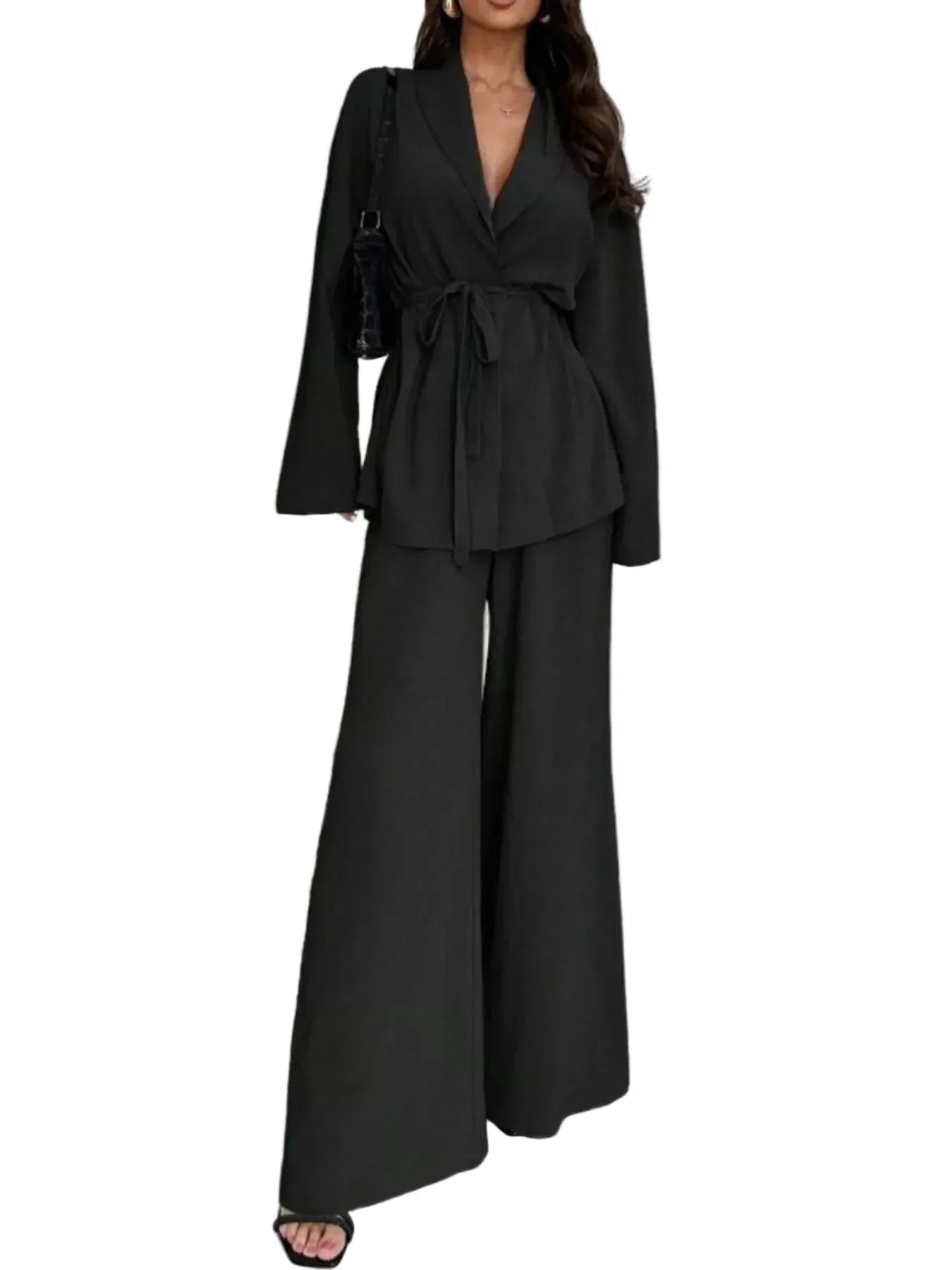 Front Tied Shirt and Wide-Leg Pants Set Women's Sets Black / S The Nichole Collection