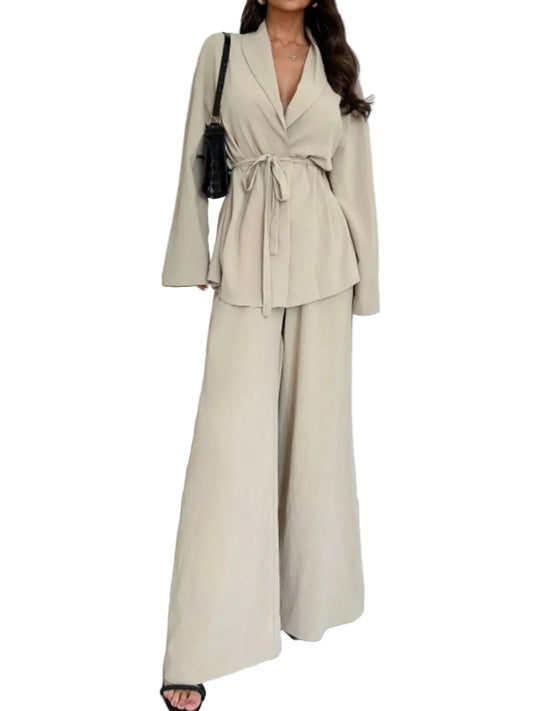 Front Tied Shirt and Wide-Leg Pants Set Women's Sets Apricot / S The Nichole Collection