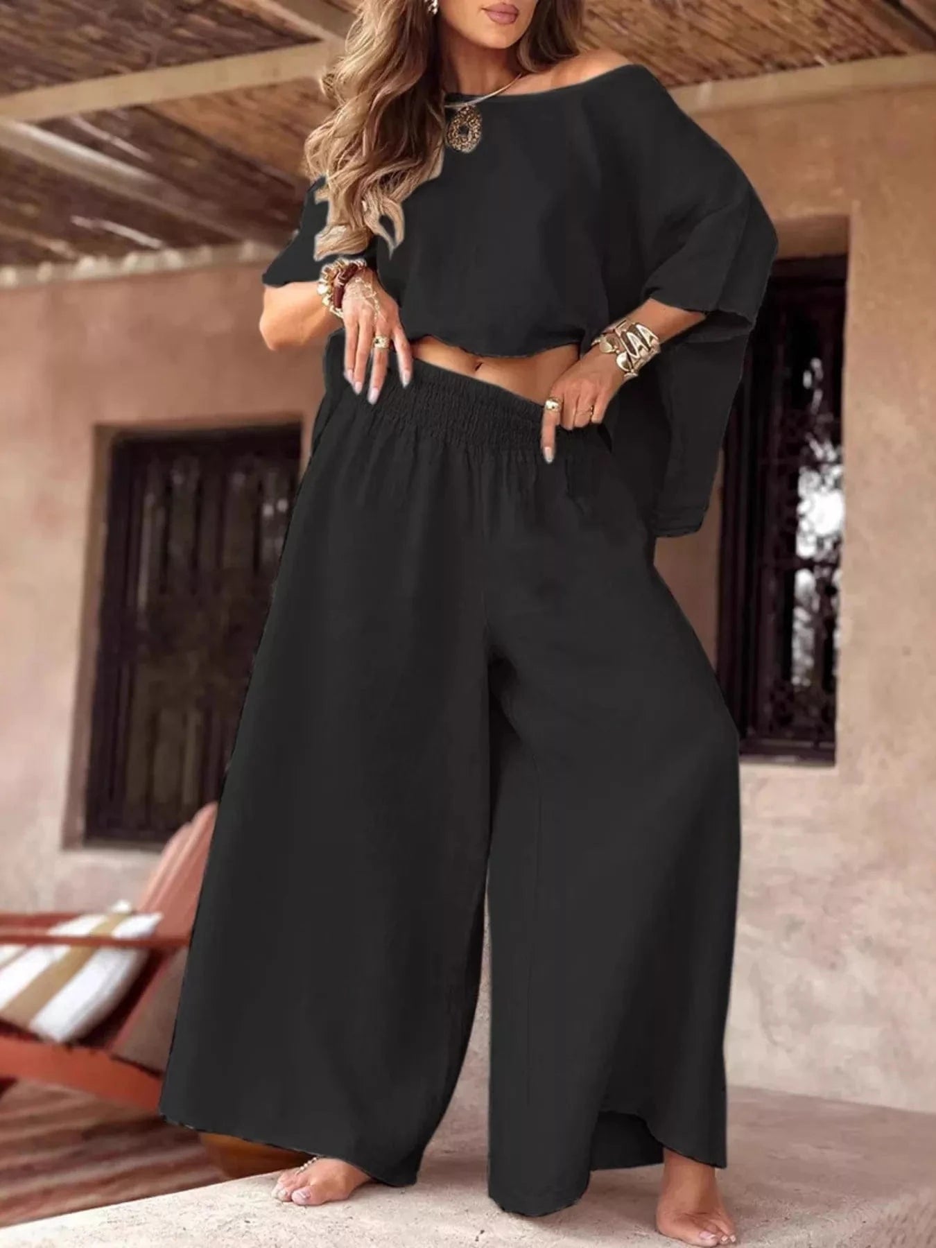 Full Size Boat Neck Top and Wide Leg Pants Set Plus Size Trendsi