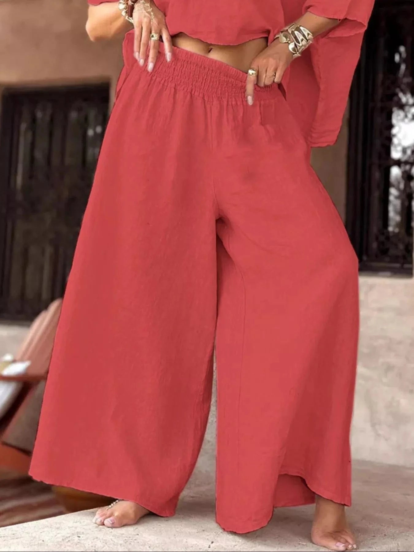 Full Size Boat Neck Top and Wide Leg Pants Set Plus Size Trendsi