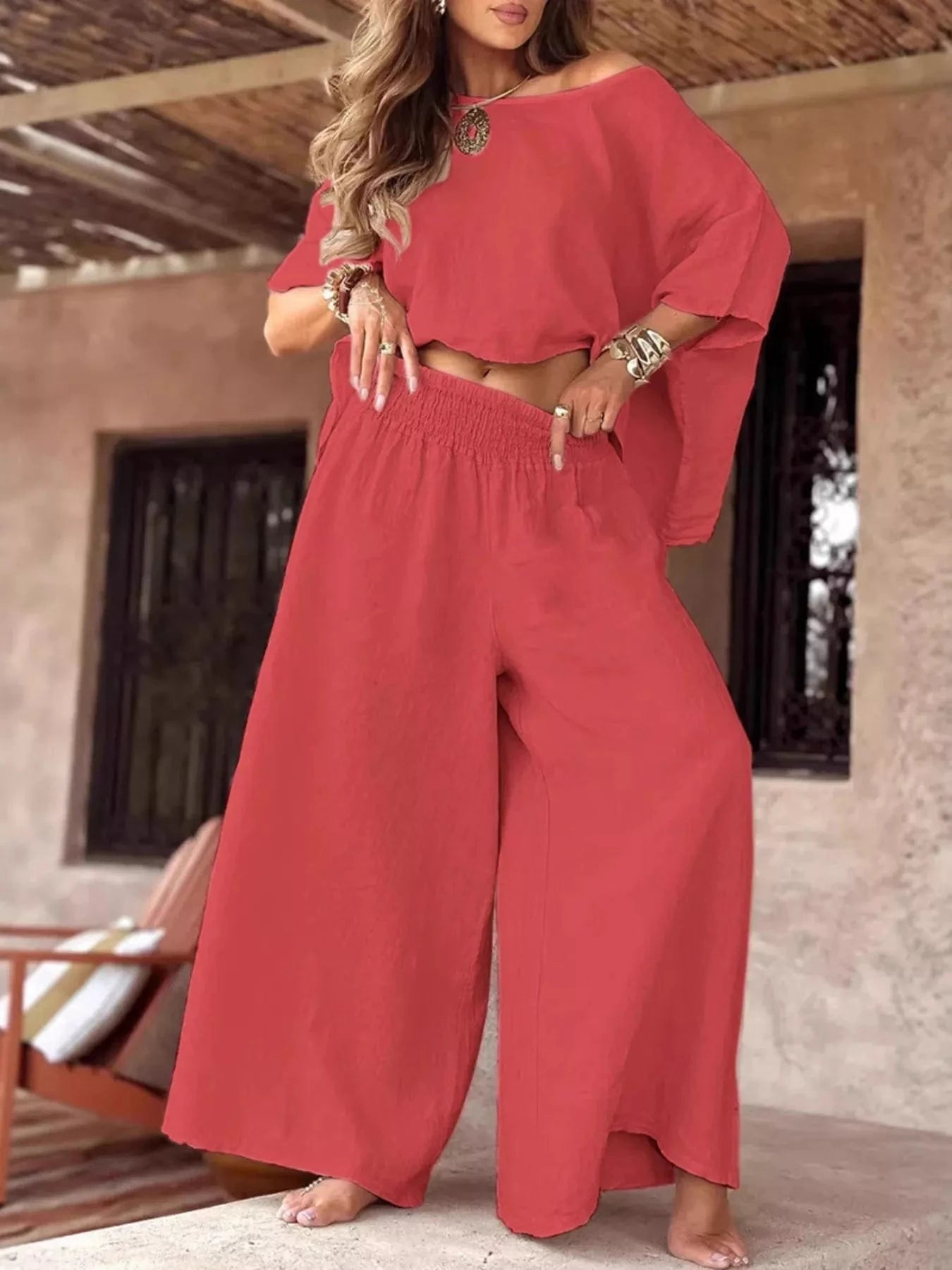 Full Size Boat Neck Top and Wide Leg Pants Set Plus Size Red / S Trendsi