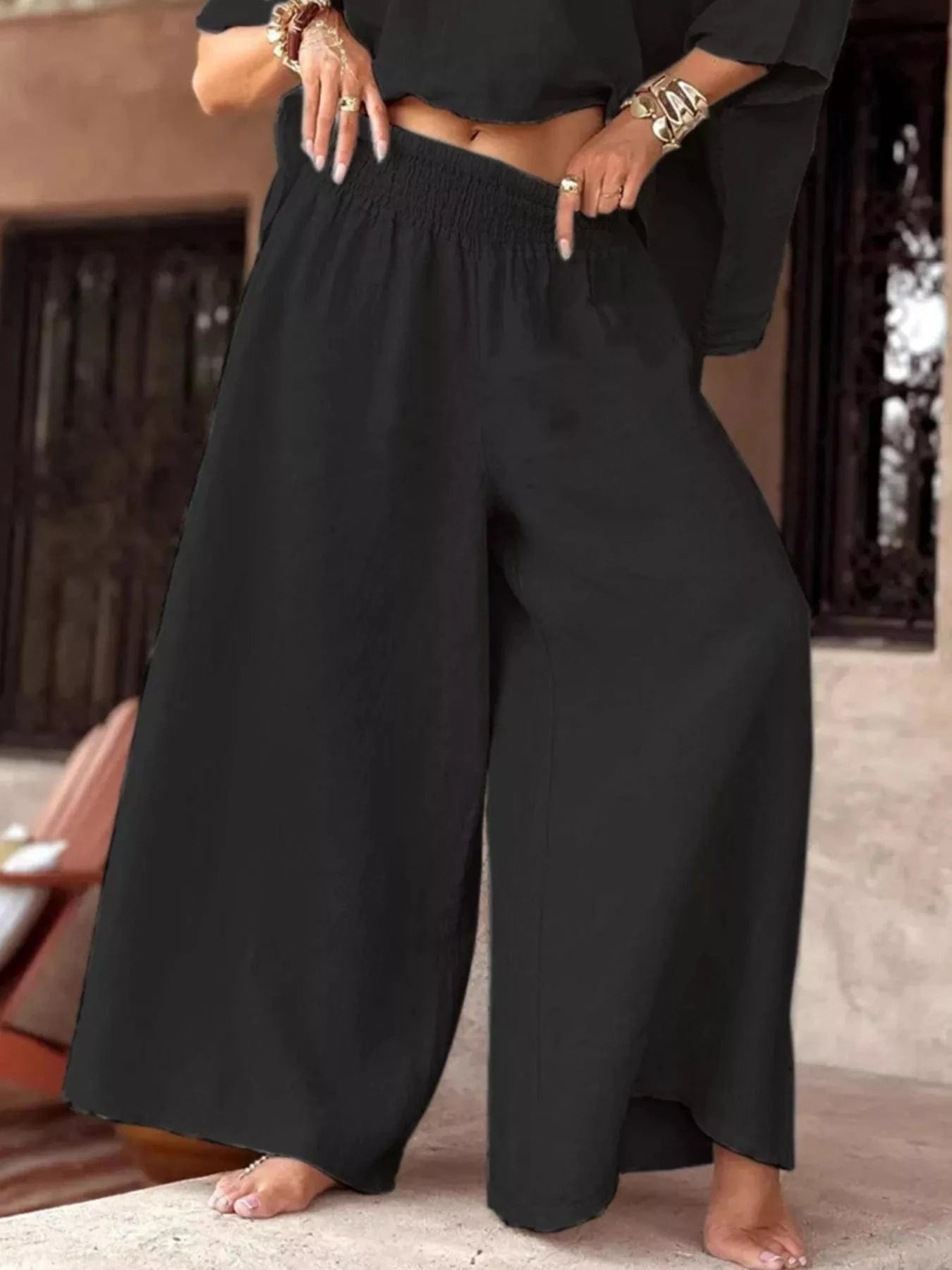 Full Size Boat Neck Top and Wide Leg Pants Set Plus Size Trendsi