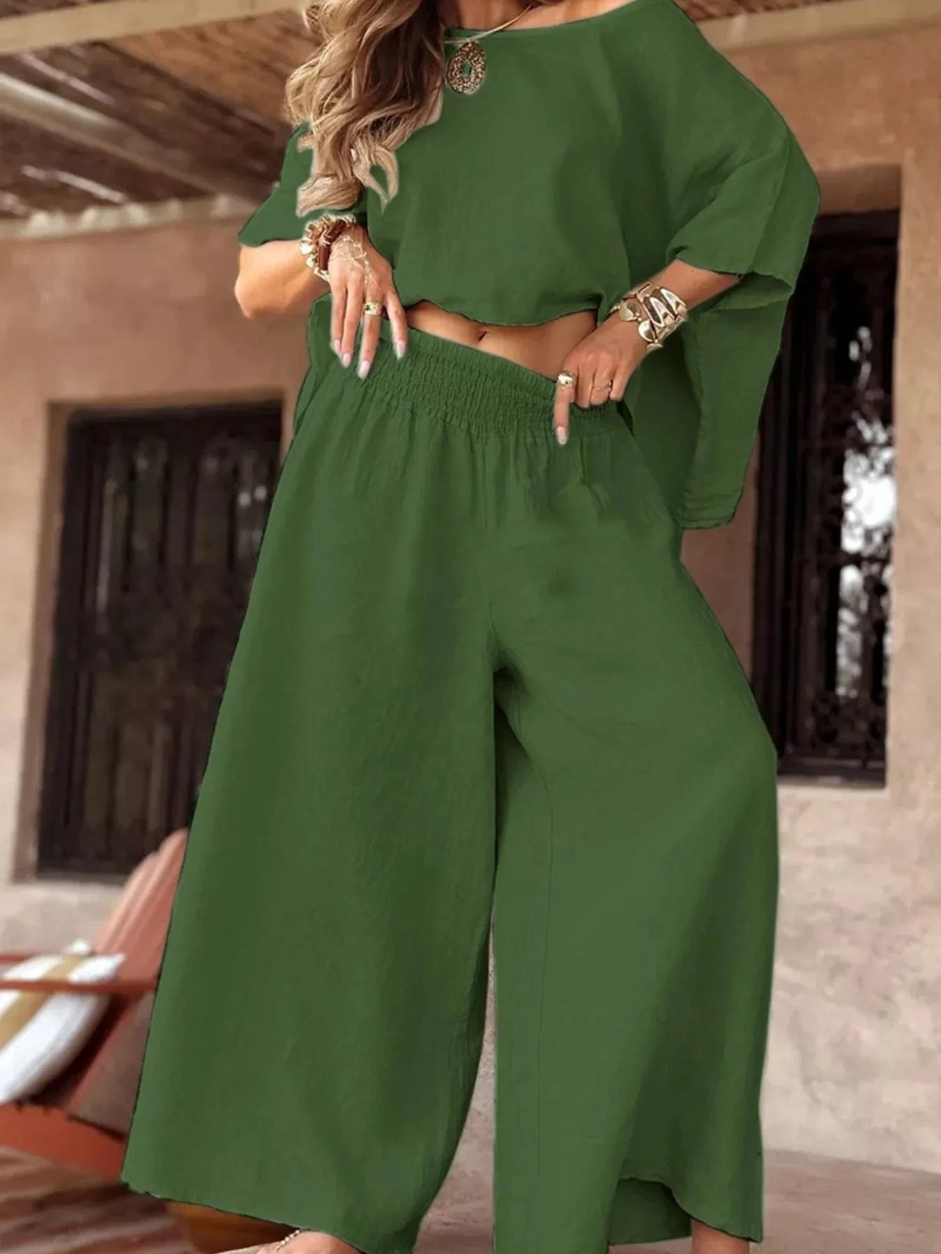 Full Size Boat Neck Top and Wide Leg Pants Set Plus Size Green / S Trendsi