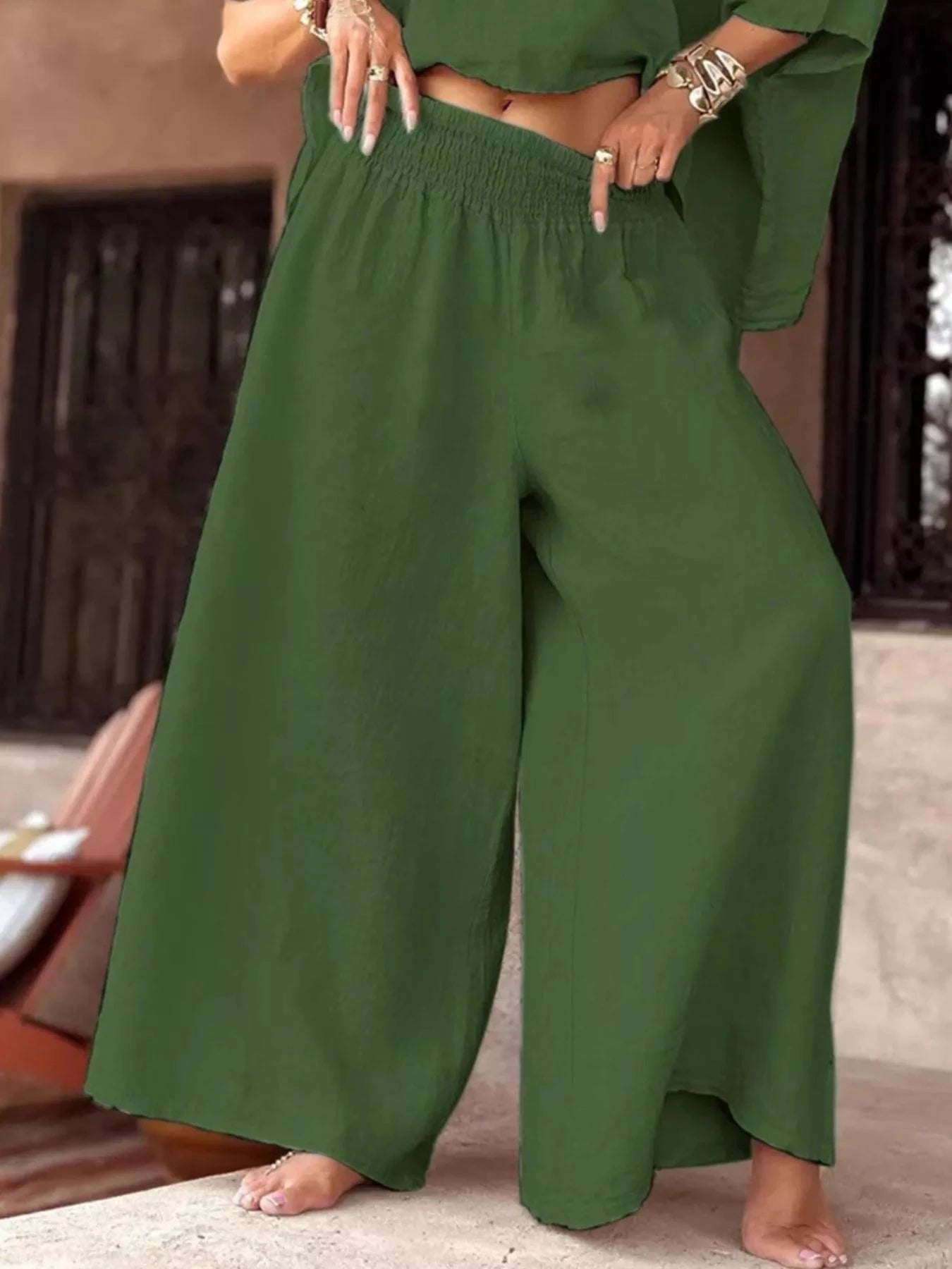 Full Size Boat Neck Top and Wide Leg Pants Set Plus Size Trendsi