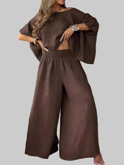 Full Size Boat Neck Top and Wide Leg Pants Set Plus Size Dark Brown / S Trendsi
