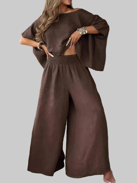 Full Size Boat Neck Top and Wide Leg Pants Set Plus Size Dark Brown / S Trendsi