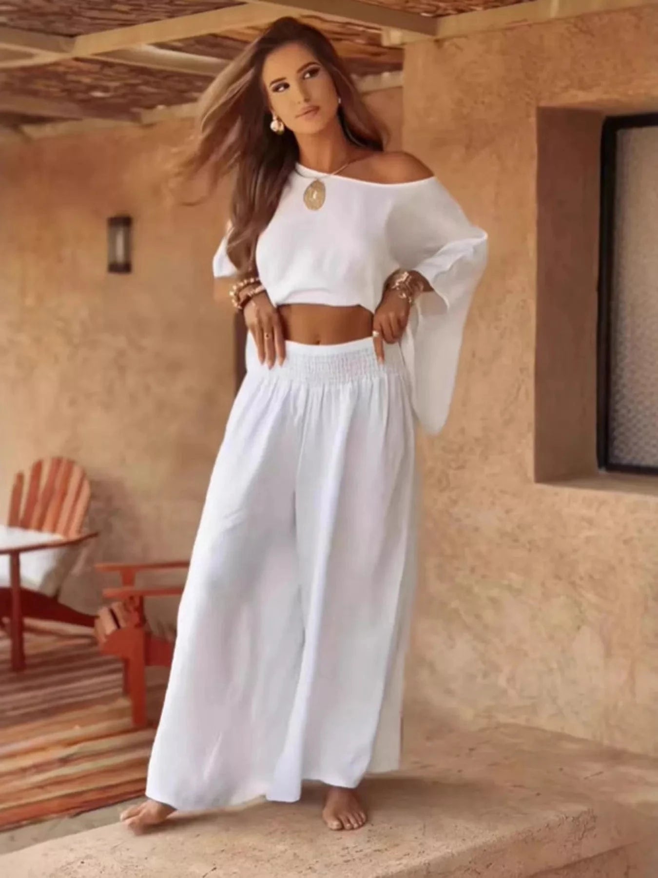 Full Size Boat Neck Top and Wide Leg Pants Set Plus Size White / S Trendsi