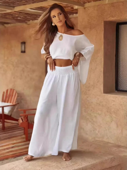 Full Size Boat Neck Top and Wide Leg Pants Set Plus Size White / S Trendsi