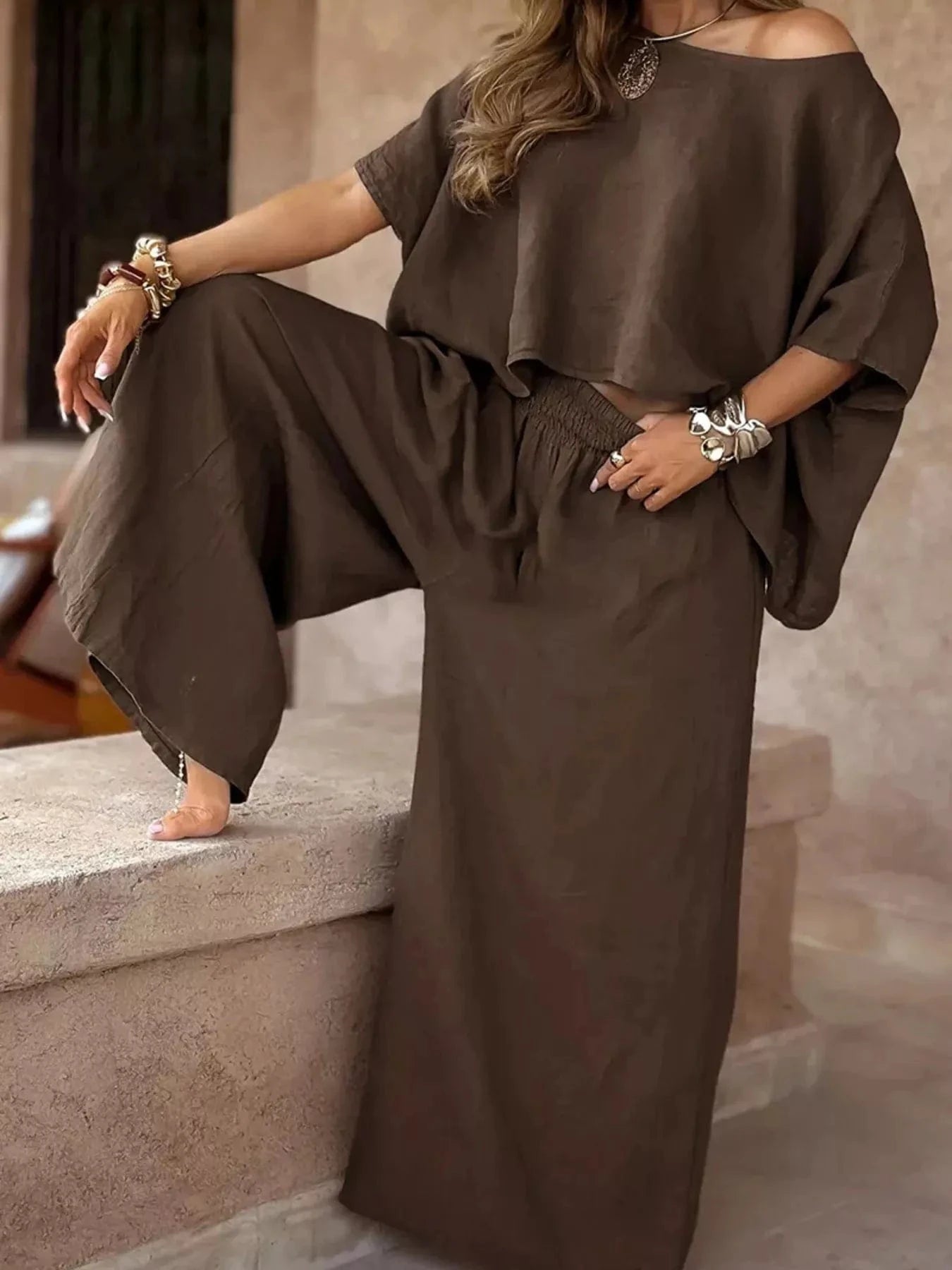 Full Size Boat Neck Top and Wide Leg Pants Set Plus Size Trendsi