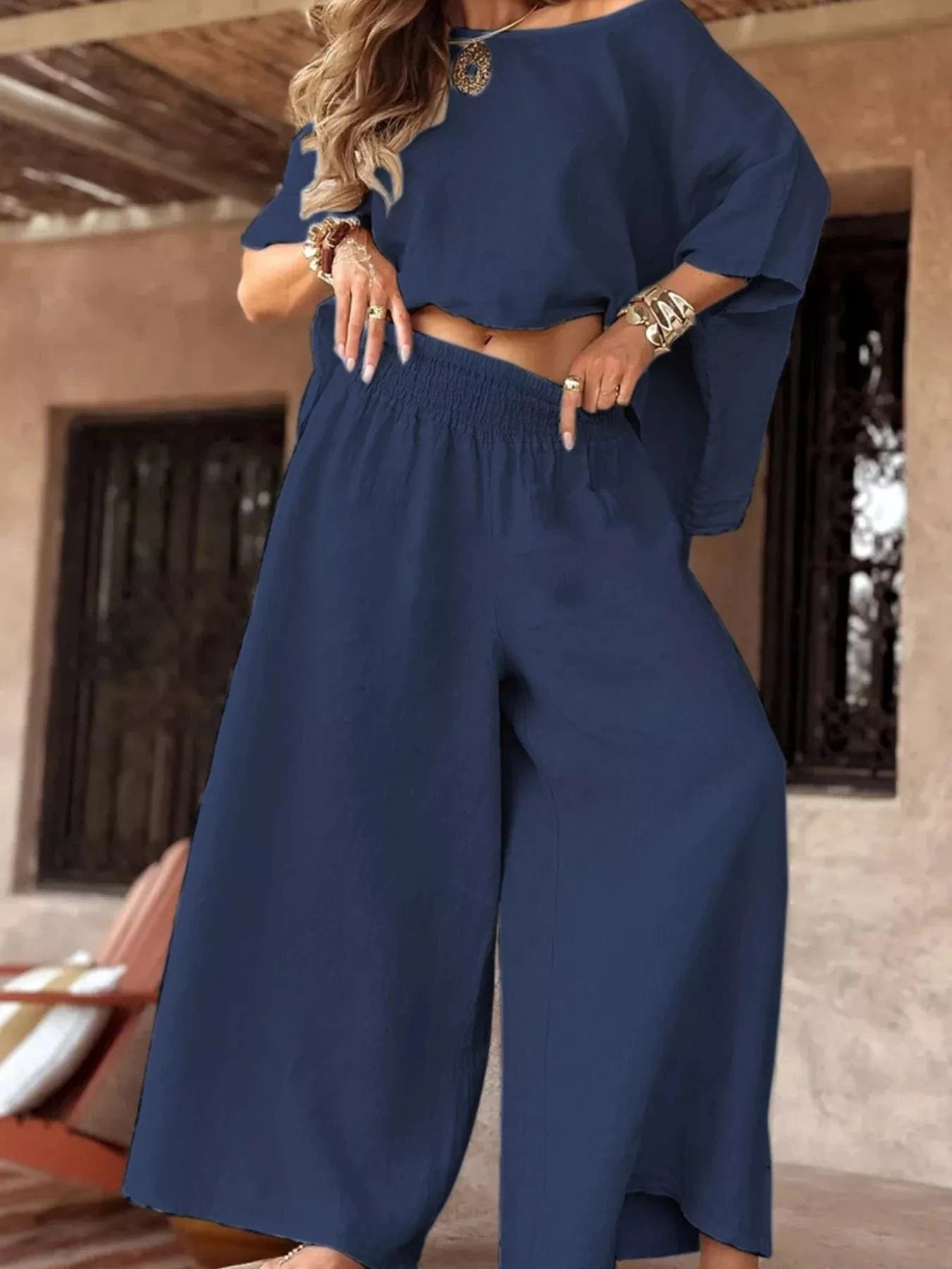 Full Size Boat Neck Top and Wide Leg Pants Set Plus Size Navy Blue / S Trendsi