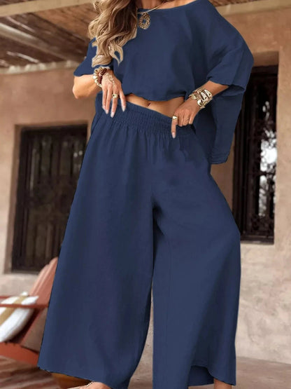Full Size Boat Neck Top and Wide Leg Pants Set Plus Size Navy Blue / S Trendsi