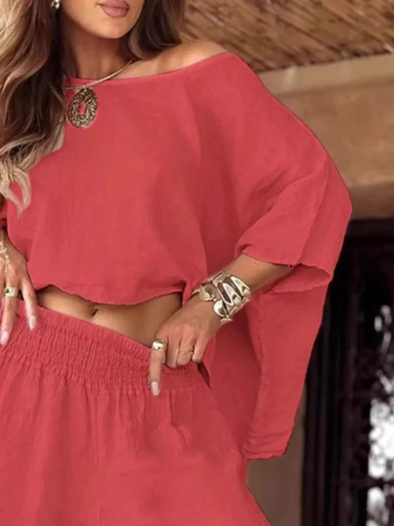 Full Size Boat Neck Top and Wide Leg Pants Set Plus Size Trendsi