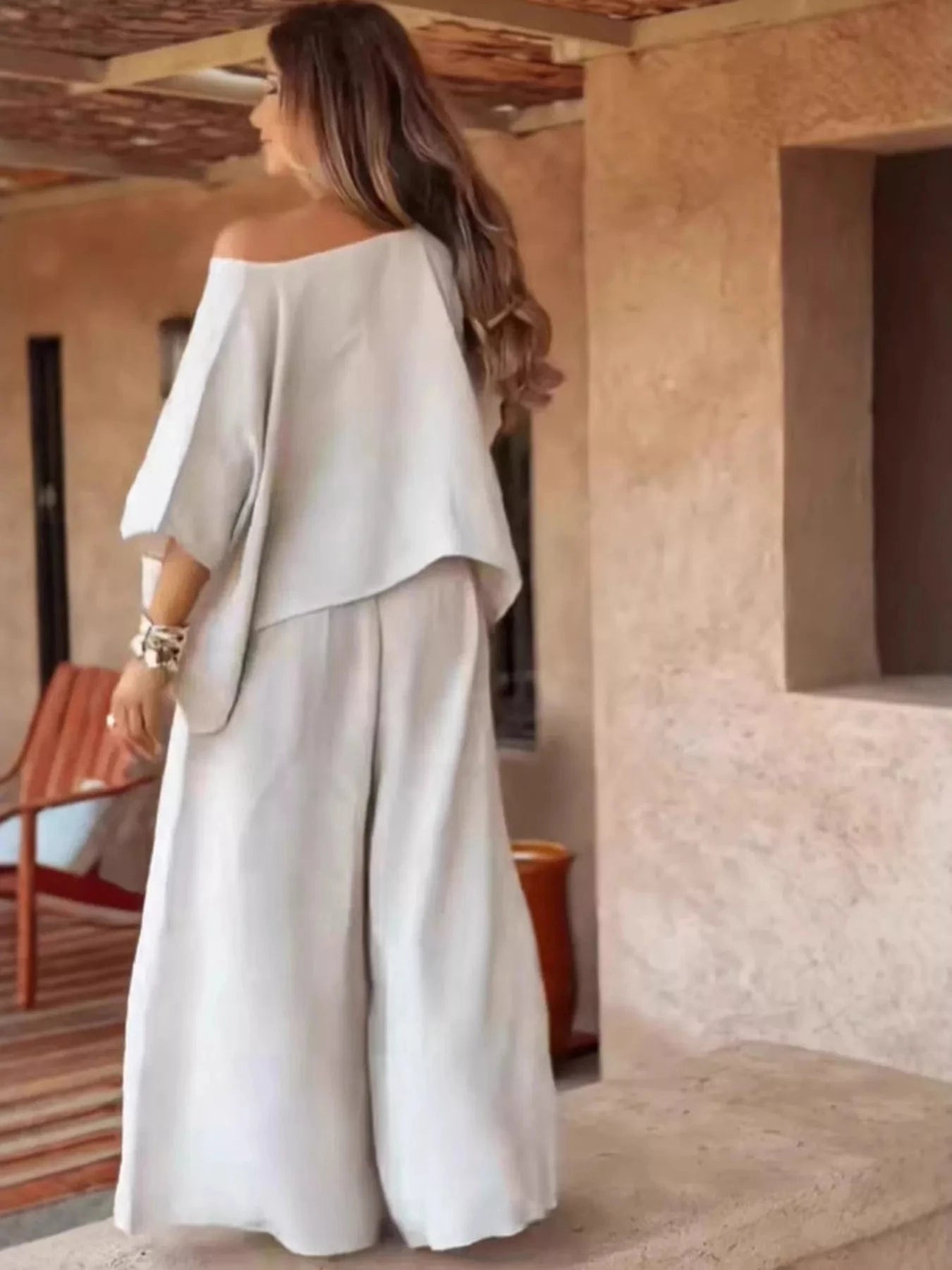 Full Size Boat Neck Top and Wide Leg Pants Set Plus Size Trendsi