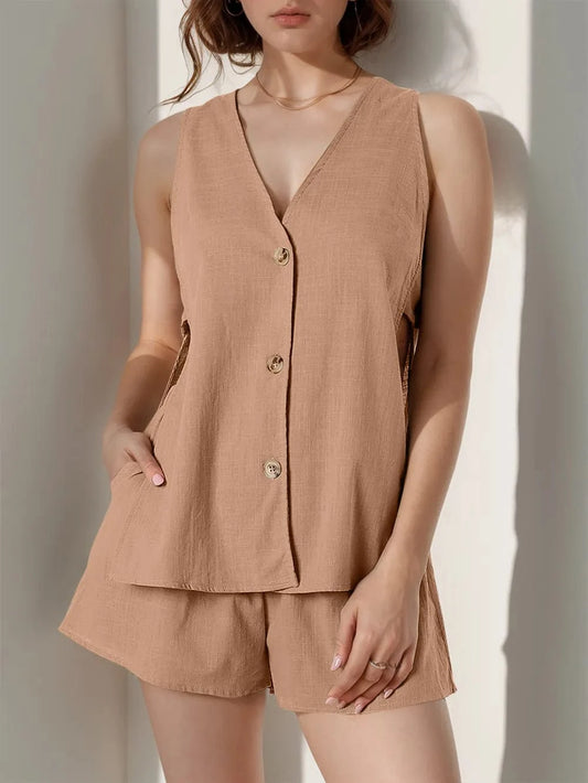 Full Size Button Up Top and Shorts Set Camel / S The Nichole Collection