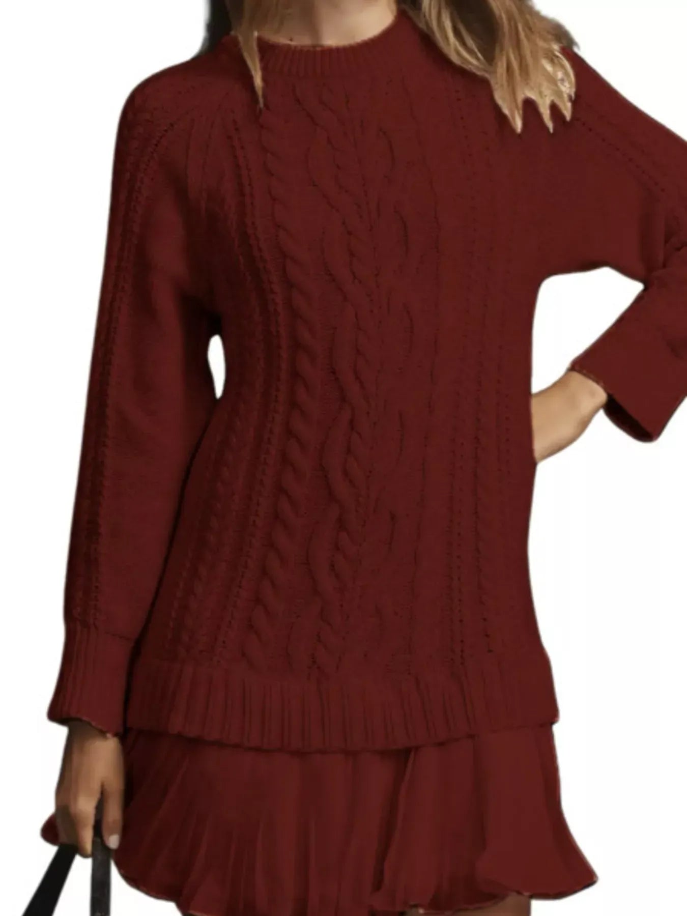 Full Size Cable-Knit Mini Sweater Dress Plus Size Burgundy / S The Nichole Collection