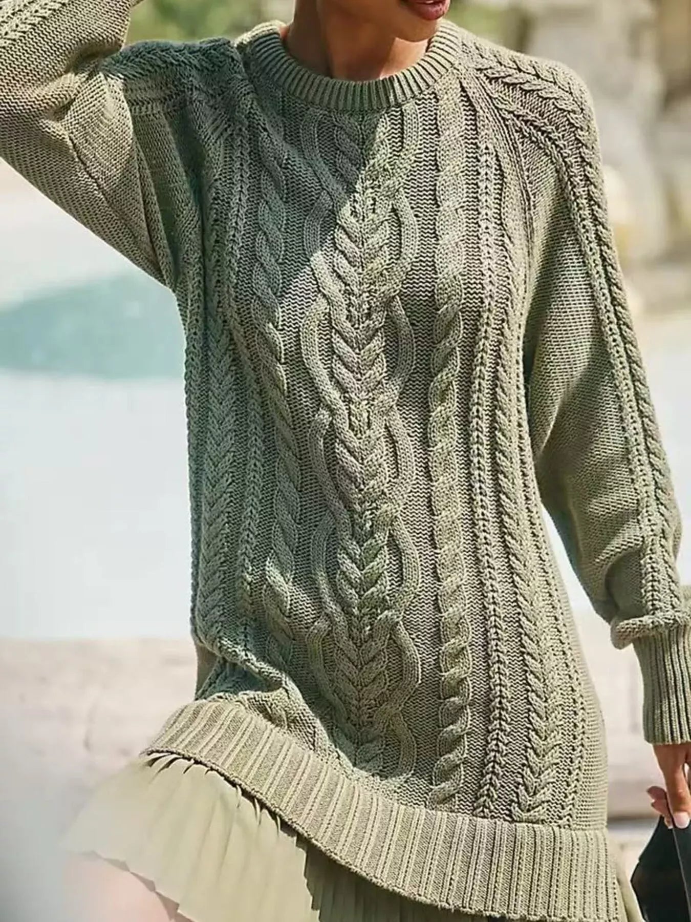 Full Size Cable-Knit Mini Sweater Dress Plus Size Green / S The Nichole Collection