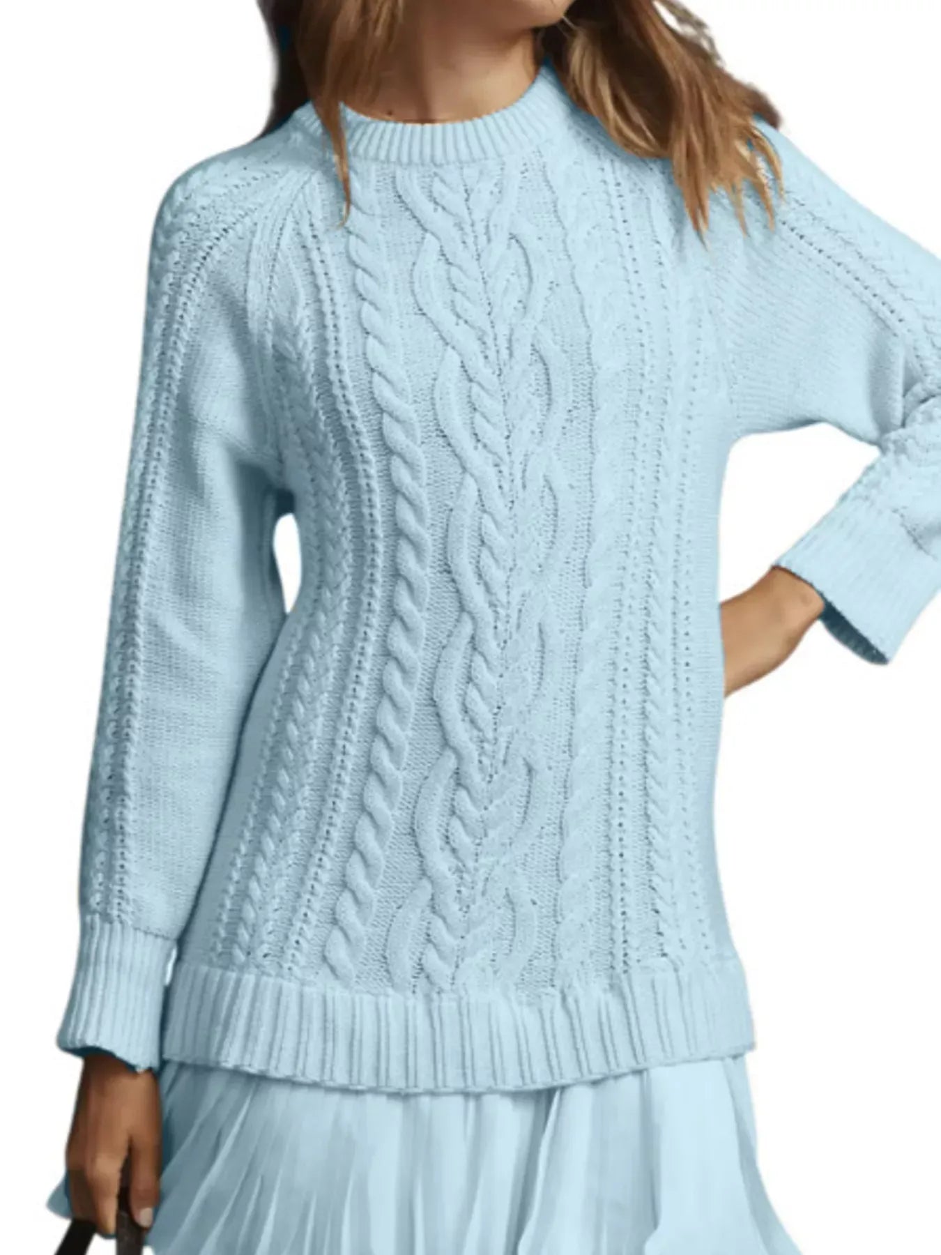 Full Size Cable-Knit Mini Sweater Dress Plus Size Sky Blue / S The Nichole Collection