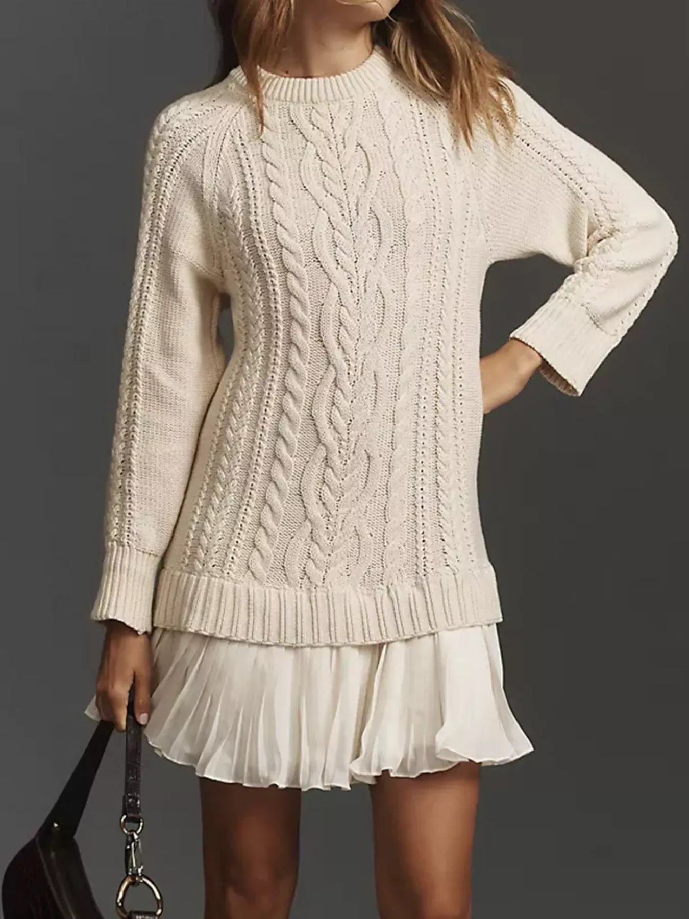 Full Size Cable-Knit Mini Sweater Dress Plus Size Apricot / S The Nichole Collection