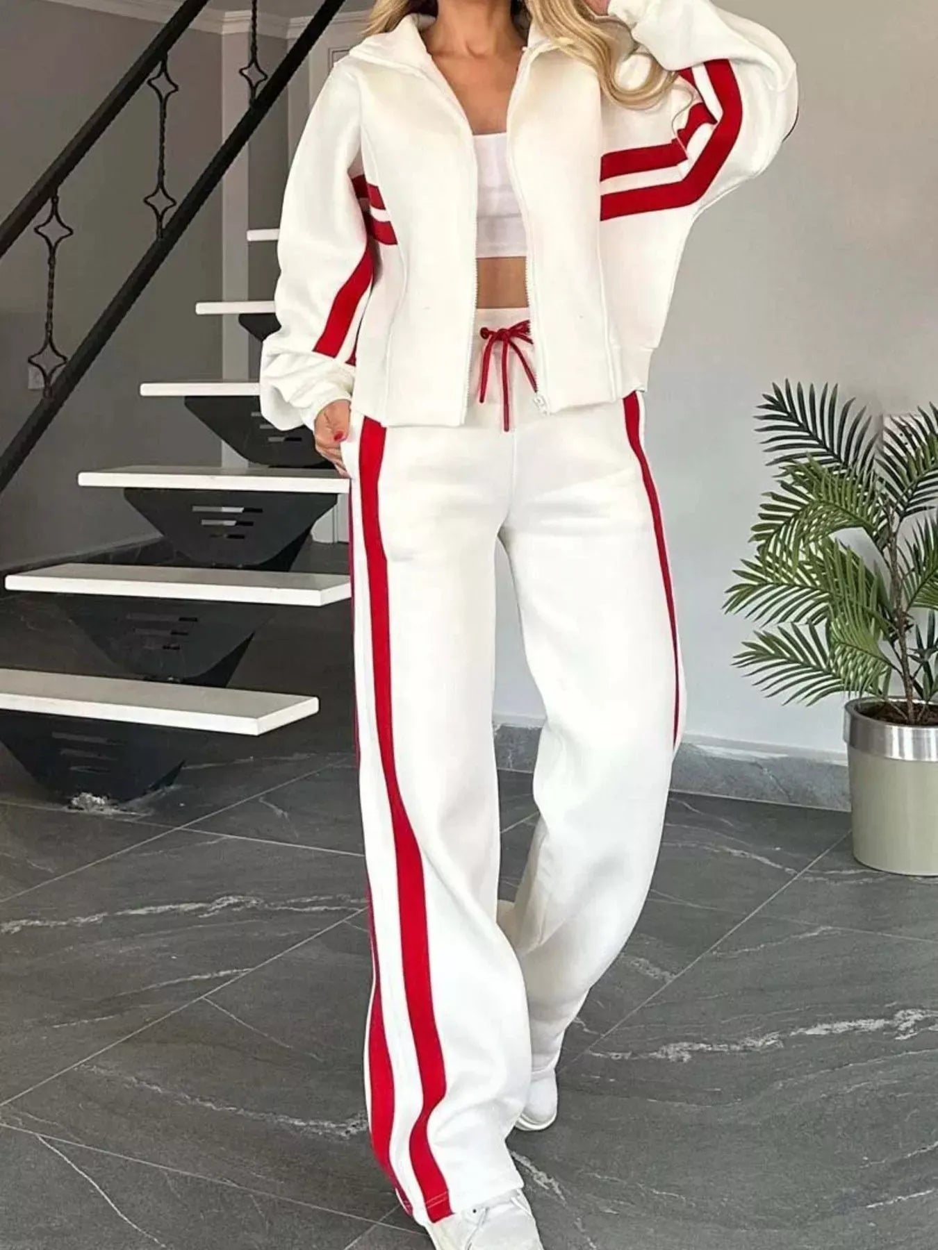 Full Size Contrast Stripe Zip Up Jacket and Pants Set Plus Size Women's Sets White / S The Nichole Collection