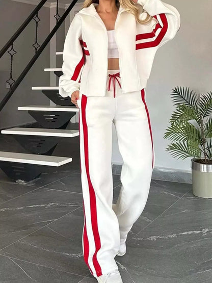 Full Size Contrast Stripe Zip Up Jacket and Pants Set Plus Size Women's Sets White / S The Nichole Collection