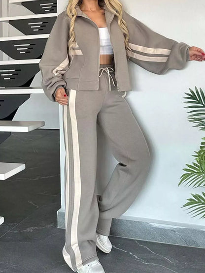 Full Size Contrast Stripe Zip Up Jacket and Pants Set Plus Size Women's Sets Grey / S The Nichole Collection