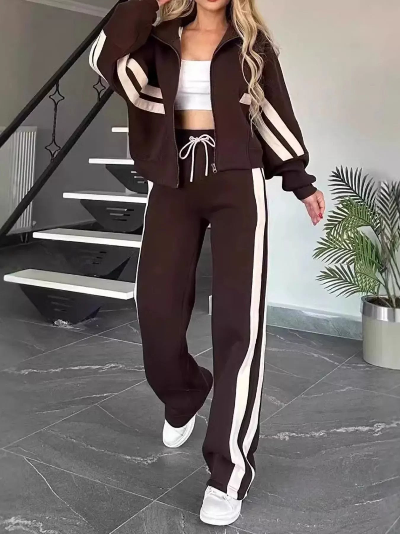 Full Size Contrast Stripe Zip Up Jacket and Pants Set Plus Size Women's Sets Brown / S The Nichole Collection