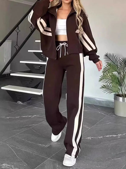 Full Size Contrast Stripe Zip Up Jacket and Pants Set Plus Size Women's Sets Brown / S The Nichole Collection