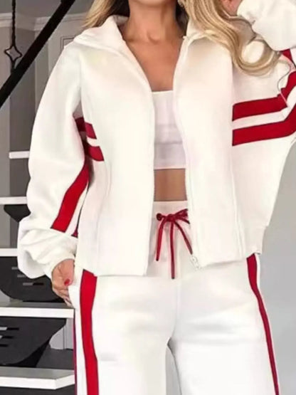 Full Size Contrast Stripe Zip Up Jacket and Pants Set Plus Size Women's Sets The Nichole Collection
