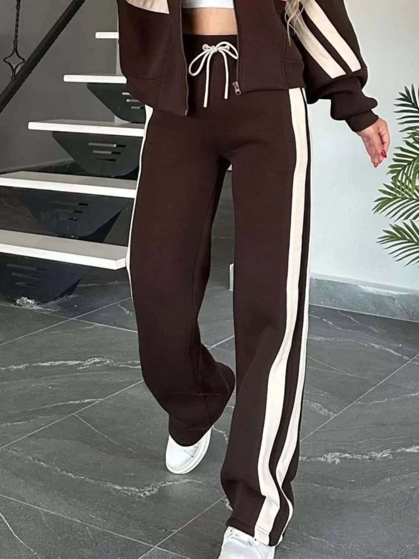 Full Size Contrast Stripe Zip Up Jacket and Pants Set Plus Size Women's Sets The Nichole Collection