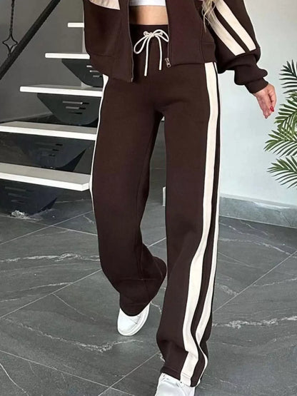 Full Size Contrast Stripe Zip Up Jacket and Pants Set Plus Size Women's Sets The Nichole Collection