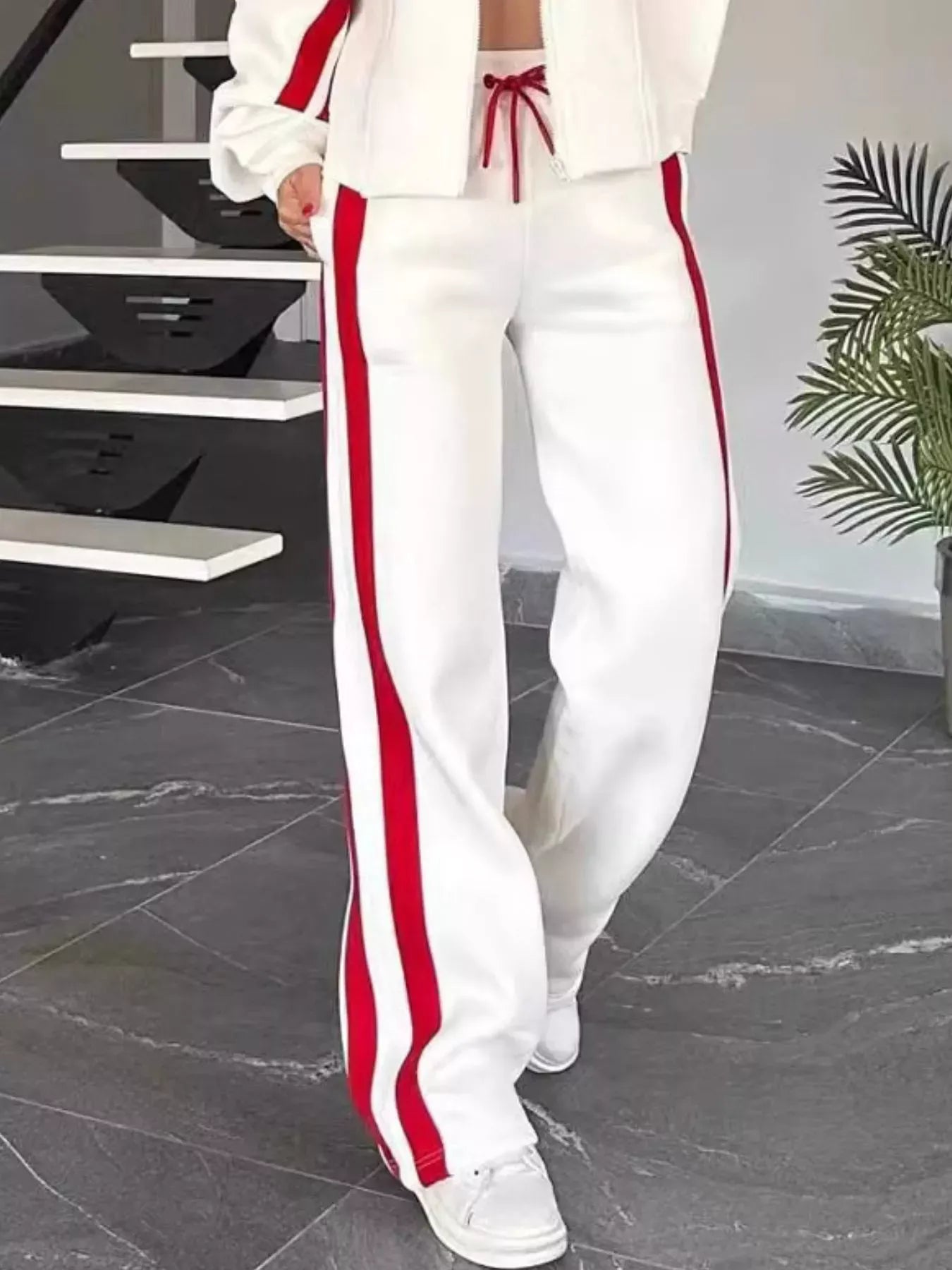 Full Size Contrast Stripe Zip Up Jacket and Pants Set Plus Size Women's Sets The Nichole Collection