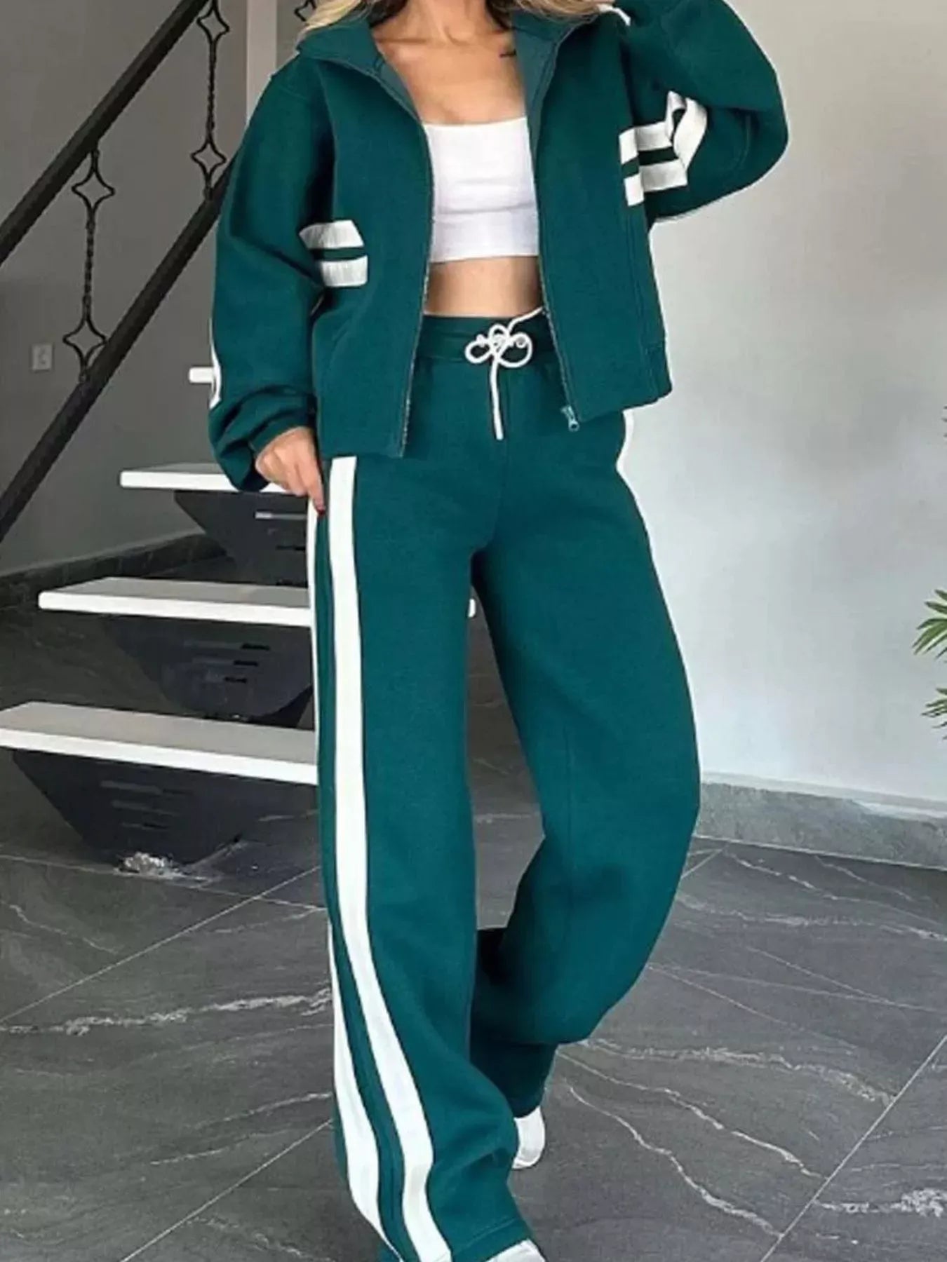 Full Size Contrast Stripe Zip Up Jacket and Pants Set Plus Size Women's Sets Green / S The Nichole Collection