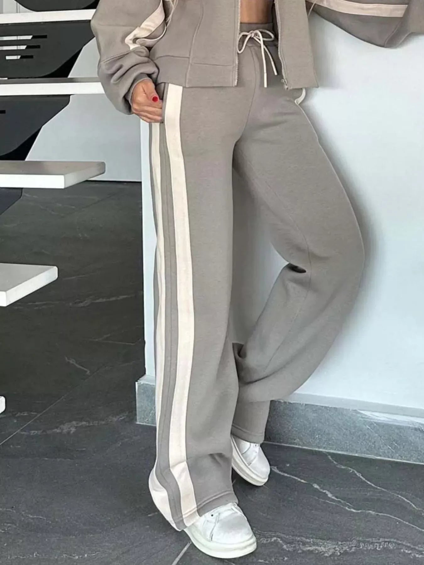 Full Size Contrast Stripe Zip Up Jacket and Pants Set Plus Size Women's Sets The Nichole Collection