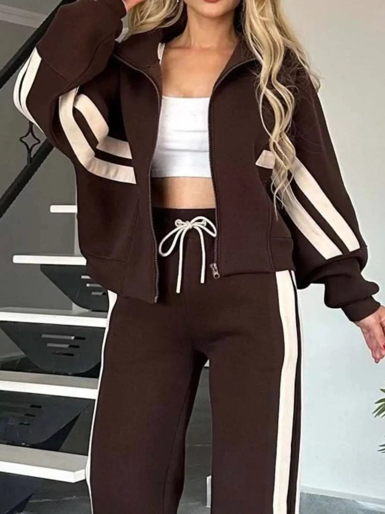 Full Size Contrast Stripe Zip Up Jacket and Pants Set Plus Size Women's Sets The Nichole Collection