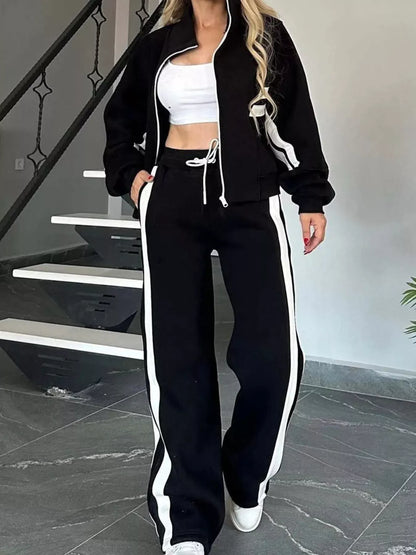 Full Size Contrast Stripe Zip Up Jacket and Pants Set Plus Size Women's Sets Black / S The Nichole Collection