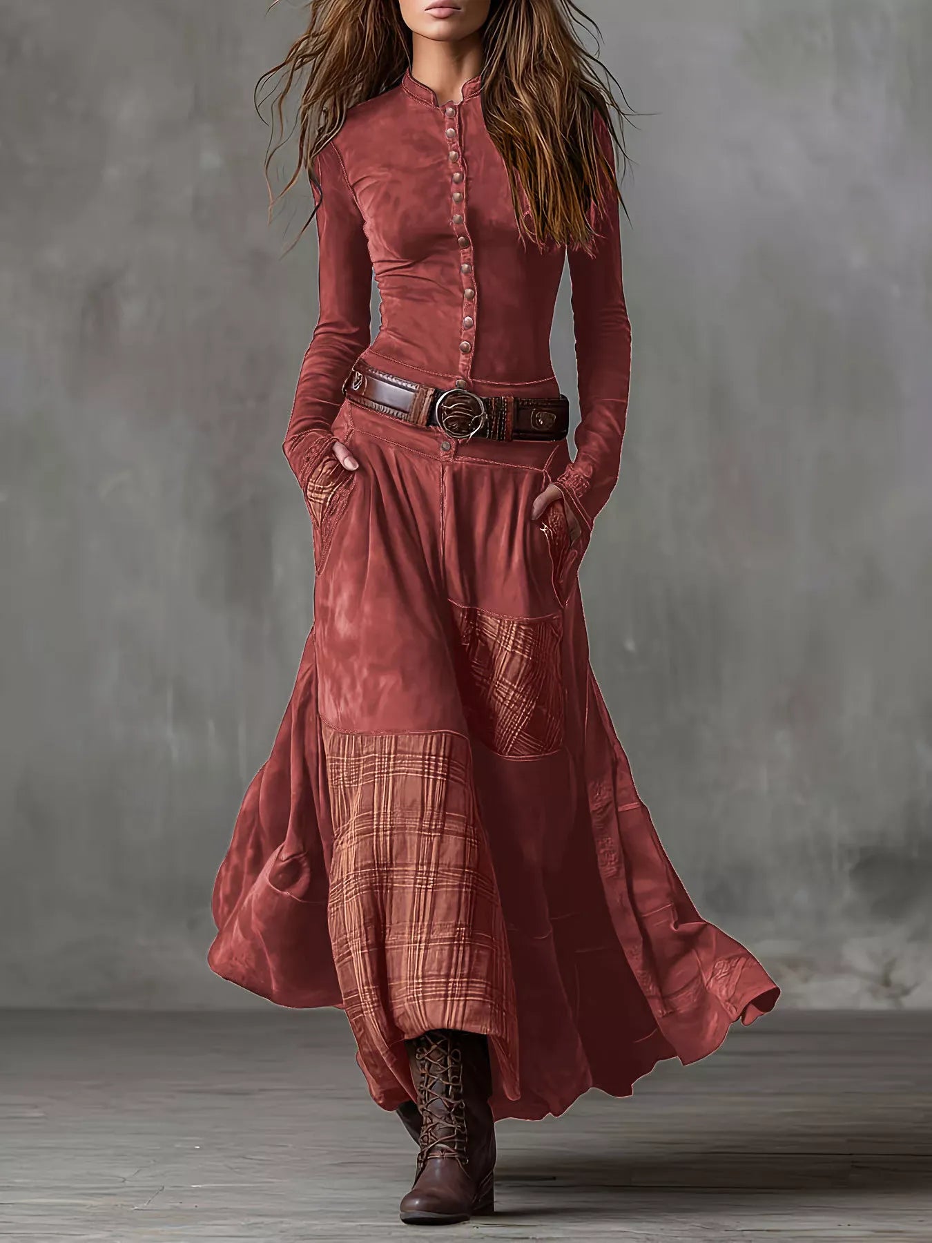 Full Size Plaid Button Front Long Sleeve Dress Plus Size Red / S The Nichole Collection