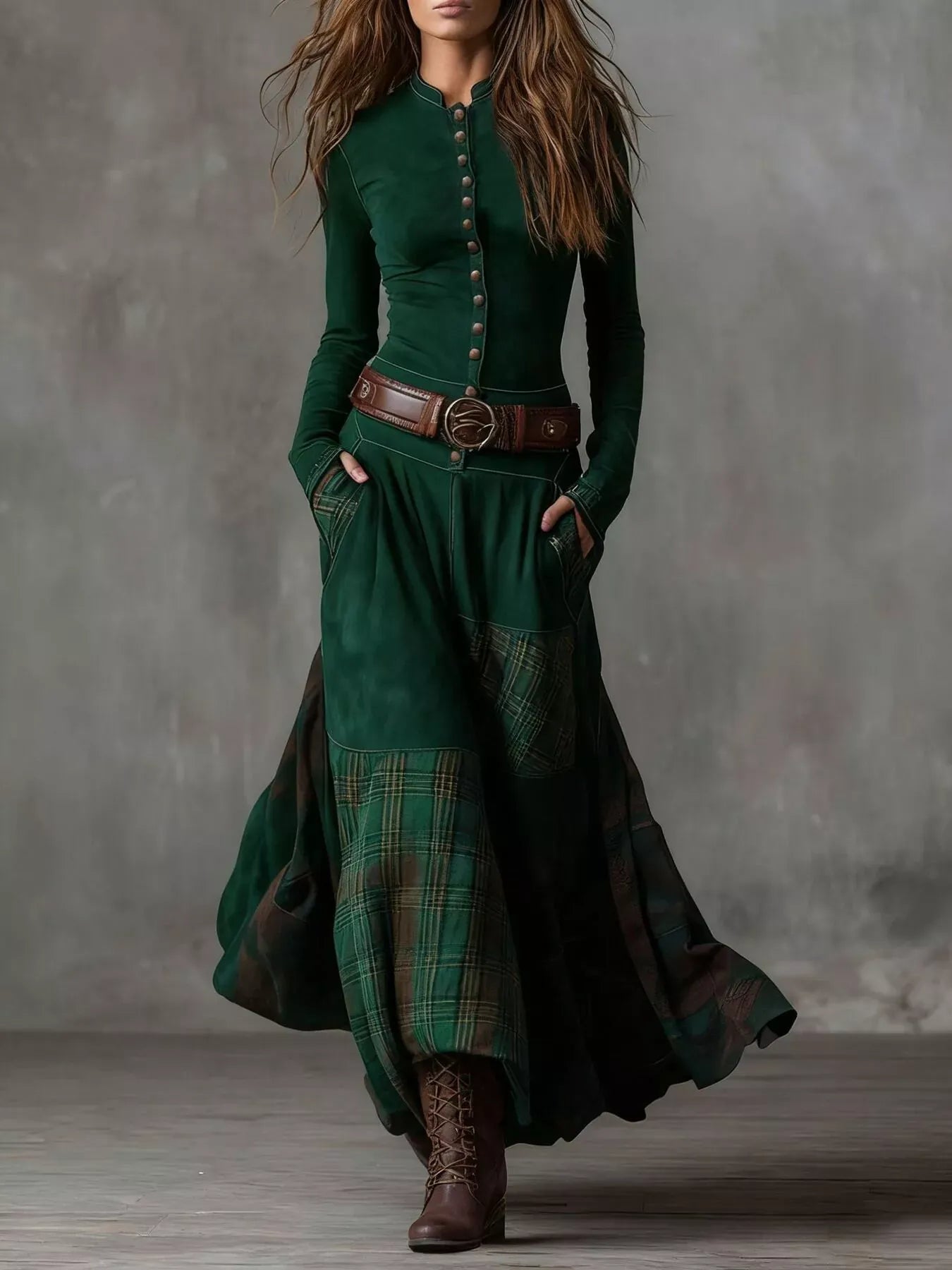 Full Size Plaid Button Front Long Sleeve Dress Plus Size Green / S The Nichole Collection