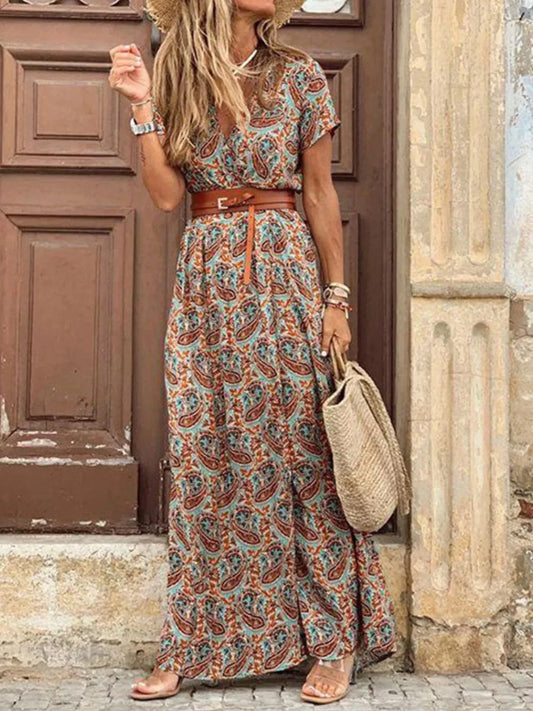 Full Size Printed V-Neck Short Sleeve Maxi Dress Plus Size Brown / S The Nichole Collection