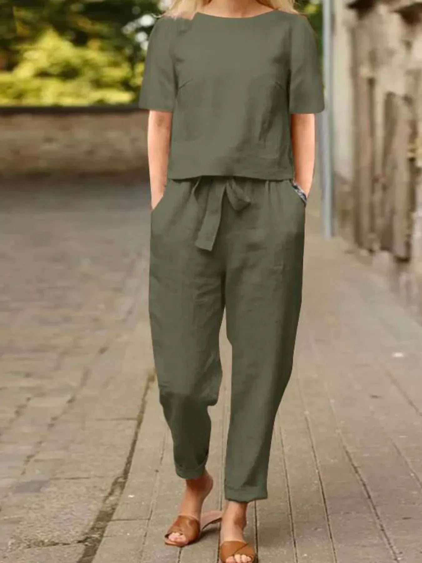 Full Size Round Neck Short Sleeve Top and Pants Set Plus Size Army Green / S The Nichole Collection