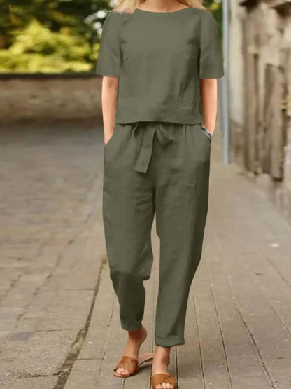 Full Size Round Neck Short Sleeve Top and Pants Set Plus Size Army Green / S The Nichole Collection