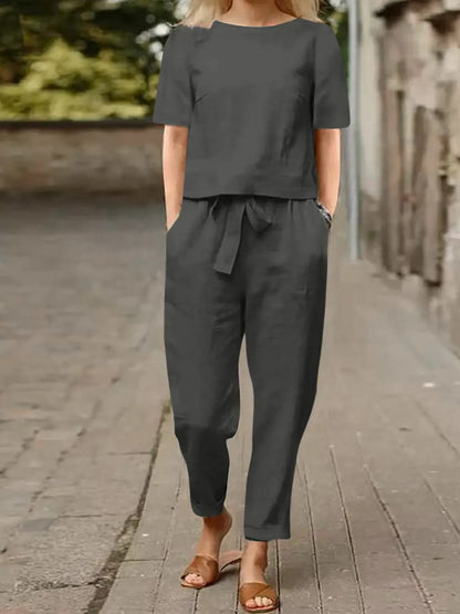 Full Size Round Neck Short Sleeve Top and Pants Set Plus Size Dark Gray / S The Nichole Collection