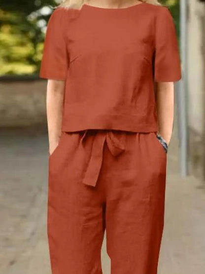 Full Size Round Neck Short Sleeve Top and Pants Set Plus Size The Nichole Collection