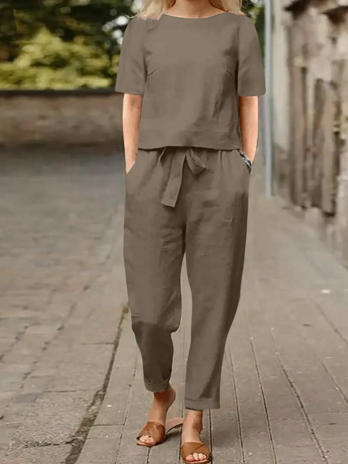 Full Size Round Neck Short Sleeve Top and Pants Set Plus Size Deep Khaki / S The Nichole Collection