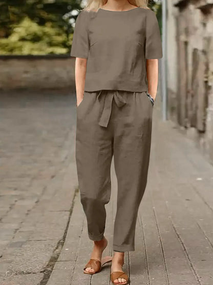 Full Size Round Neck Short Sleeve Top and Pants Set Plus Size Deep Khaki / S The Nichole Collection