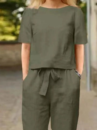 Full Size Round Neck Short Sleeve Top and Pants Set Plus Size The Nichole Collection