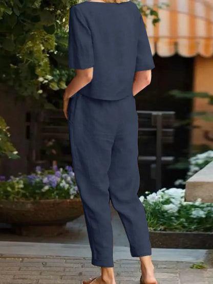 Full Size Round Neck Short Sleeve Top and Pants Set Plus Size The Nichole Collection