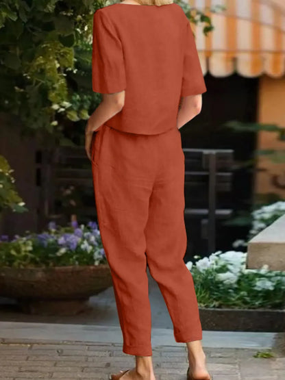 Full Size Round Neck Short Sleeve Top and Pants Set Plus Size The Nichole Collection